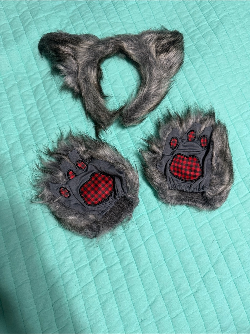Kids Grey Faux Fur Animal Ears and Paw Gloves Set - Unbranded
